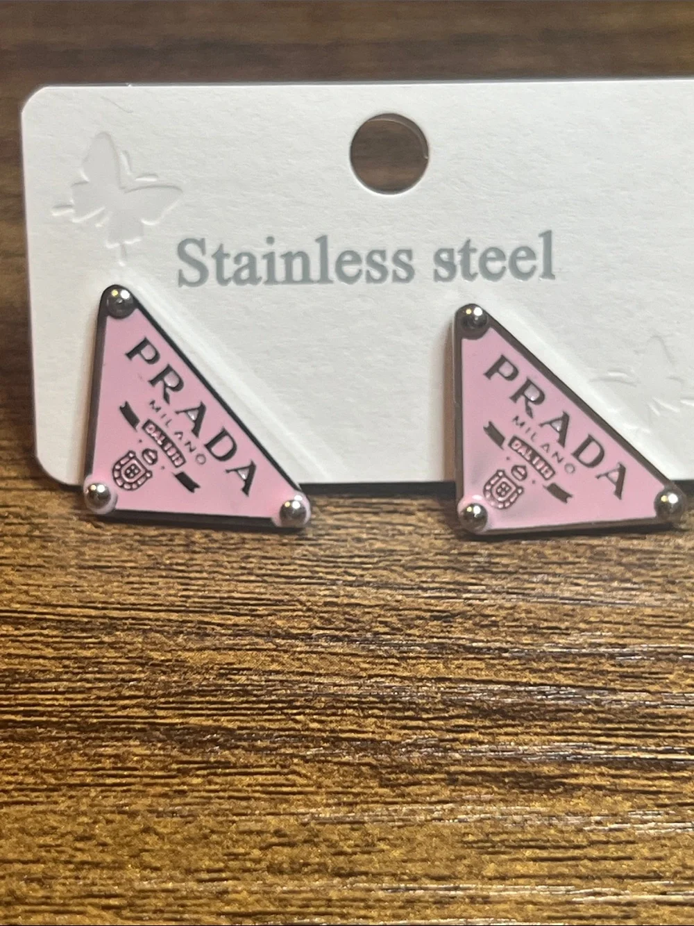 Up Cycled Pink Triangle Logo Stainless Steel Drop Earrings